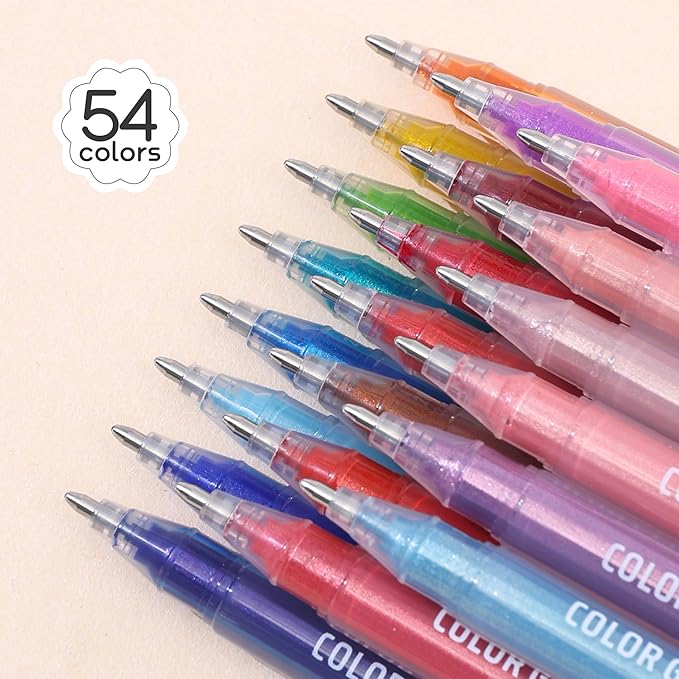 Glitter Gel Pens for Adult Coloring, 54 Colors Special Shining Multi Glitter Gel Pens Colored Set for Drawing, Doodling, Journaling & Creative Art Supplies
