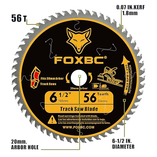 FOXBC 6-1/2 Inch Track Saw Blade 20mm Arbor 56T for Makita Plunge Saw Blade, DeWalt Track Saw, Wood Cutting, 165mm, Kerf 1.8mm