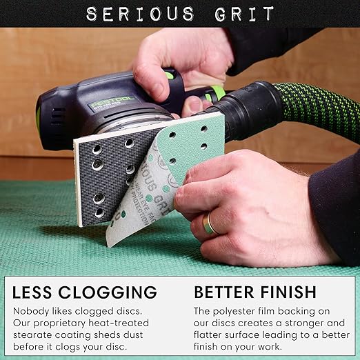 Serious Grit - 3" x 5" (80mm x 133mm) 14-Hole 60 Grit Sanding Sheets - Fits Festool RTS 400 & Mirka Deos 353 - Heavy-Duty Hook & Loop Film Abrasives - Sandpaper for Sheet Sanders - 25 Pack Box
