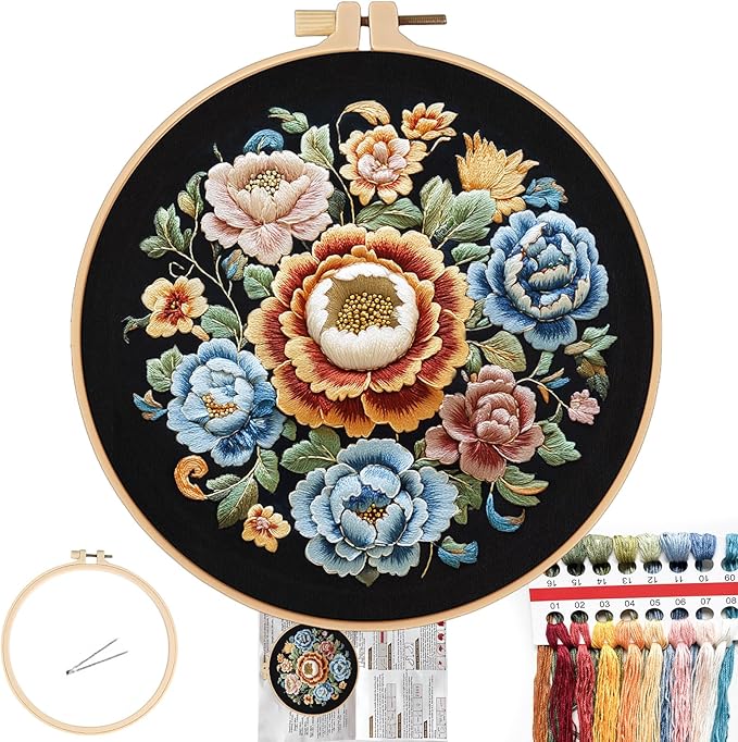 FONNUY Floral Embroidery Kit, Cross Stitch Kits for Beginners, Handmade Crafts with Printed Patterns for Beginner Adults, Easy to Follow Color Thread Needlework, 8'' Hoop (Petals Unfurling)
