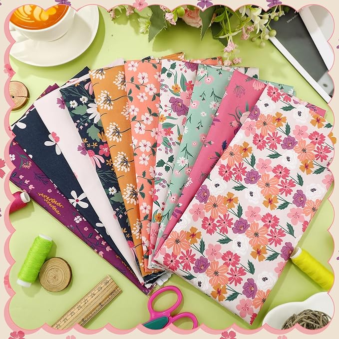 Hahafelt 10 Pcs Retro Floral Quilting Fabric Bundles 20 x 20 Inch Vintage Flower Fat Quarters by The Yard Squares Wildflower Fabrics Precut Patchwork for Spring Summer DIY Sewing Craft Party Decor