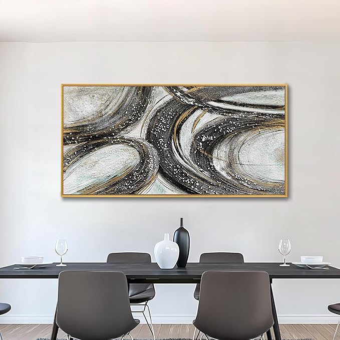 Large Size Abstract Black Gold Circle Handmade Oil Painting Original Design Hand Painted Wall Painting Modern Heavy Textured Wall Art Minimalist White Canvas Artwork for Living Room Bedroom 60x30 inch