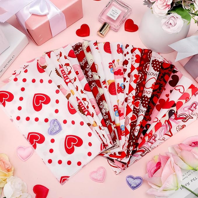 Breling 20 Pcs Valentine‘s Day Fabric Bundles Red Pink Heart Love Printed Fabric Fat Quarters Quilting Patchwork Heart Fabric for DIY Valentine Party Sewing Craft Decor, 20 Styles, 10 x 10 Inch