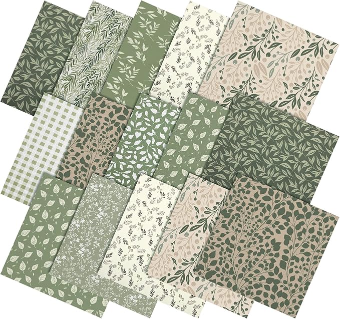 Hahafelt 10 Pcs Sage Green Quilting Fabric Bundle 20 x 20 Inch Vintage Green Floral Quarter Fat Square Fabric by The Yard Precuts Patchwork for Spring Baby Shower DIY Sewing Craft Supplies