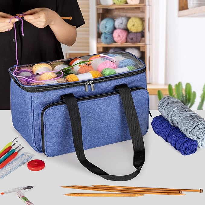 Yarwo Knitting Yarn Bag, Crochet Tote with Pocket for WIP projects, Knitting Needles(Up to 14”) and Skeins of Yarn, Christmas & New Beginnings Gifts for Women, Blue (Bag Only)