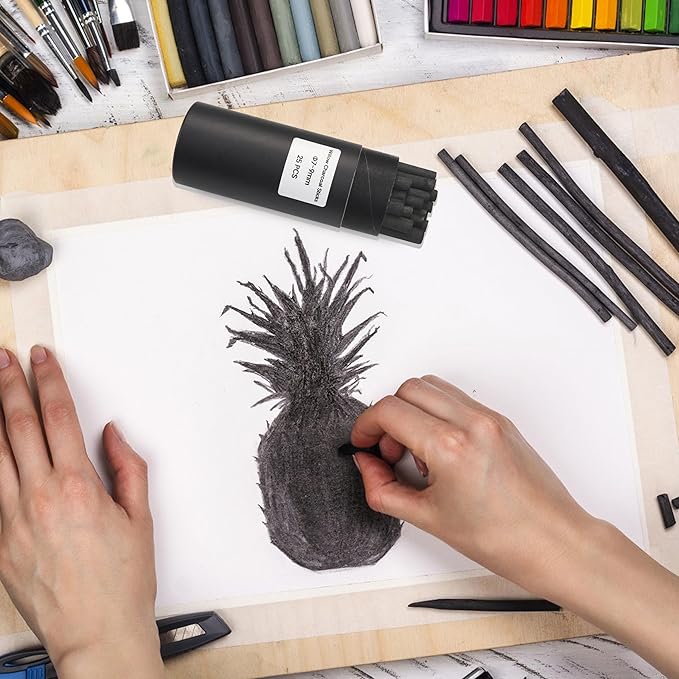 Willow Charcoal Sticks, Natural Willow Charcoal Pencils for Artists, Beginners, Students, Great for Sketching, Drawing, and Shading, Pack of 25 (5-7, Millimeters)