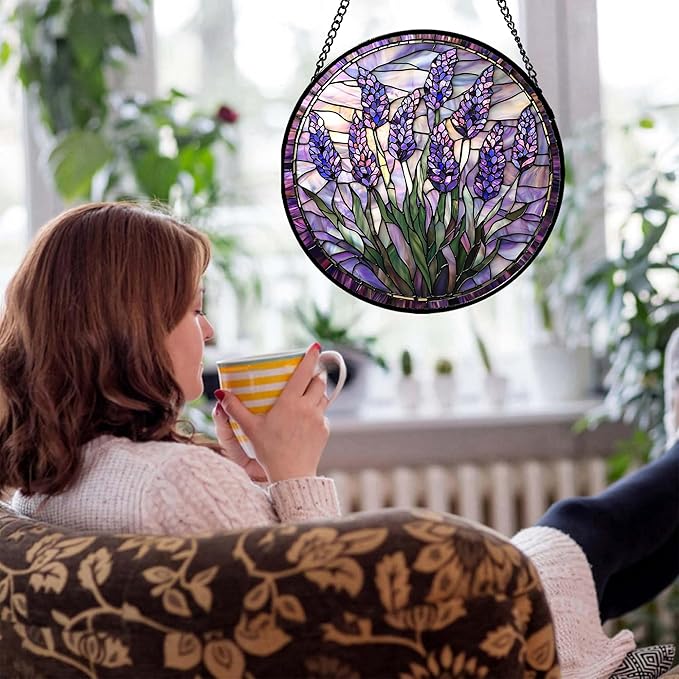 Stained Glass Window Hanging - Purple Flowers Suncatcher for Door Terrace Garden Home Decor Lavender Plant Floral Sun Catcher Birthday Gifts for Lovers Women Men Dad Mom Nana 6.3 in