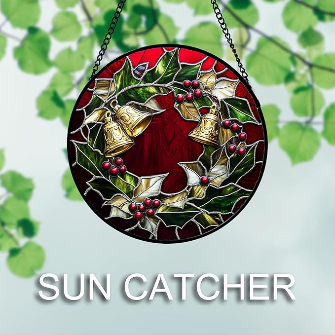 Stained Glass Window Hanging 4 Pcs Set Christmas Golden Bell Sleigh Large 11.8" - Suncatcher Door Garden Sun Catcher Decor Birthday Mother's Day Xmas Gifts for Mom Woman Nana Men Parents