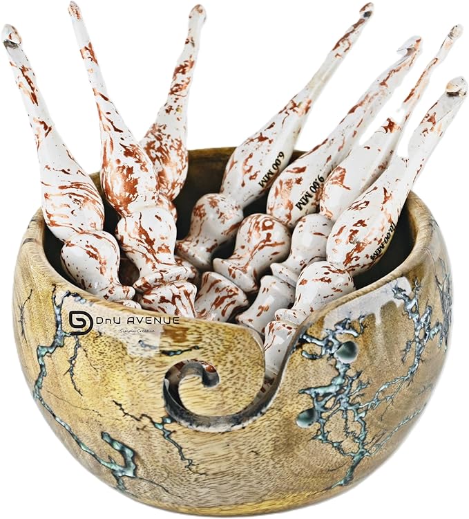 7-Piece Wooden Crochet Hook Set with Yarn Bowl – Sizes 3.5mm to 12mm, Smooth Bamboo Hooks for Yarn, Ergonomic Crochet Tools for Beginners & Experts, Handmade Yarn Holder