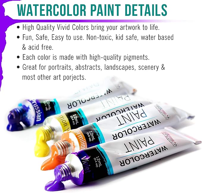 U.S. Art Supply 12-Color Water Colors Paint Set, 12ml Professional Watercolor Tubes, Vibrant Pigments - Water Colors Paint Adult Set for Artists