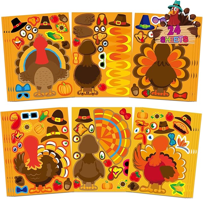 24 Sheets Make a Turkey Stickers, Thanksgiving Stickers for Kids, Make Your Own Turkey Sticker, Thanksgiving Party Favors Supplies, DIY Craft Game Classroom Teacher Reward
