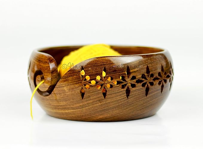 Nagina International Rosewood Crafted Wooden Yarn Storage Bowl With Carved Holes & Drills | Knitting Crochet Accessories (Small)