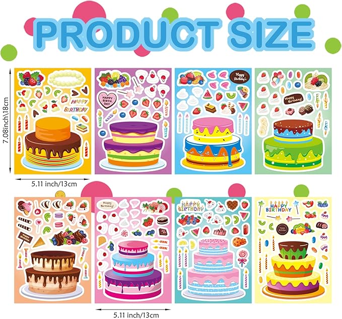 DUJAA 24 Sheets Birthday Stickers, Make-a-Cake Sticker for Kids, Birthday Cake Sticker Set, Color, Cartoon Style, Paper Material, Indoor Use, Kids' Party Gift, Scrapbook Decor, 24 Count