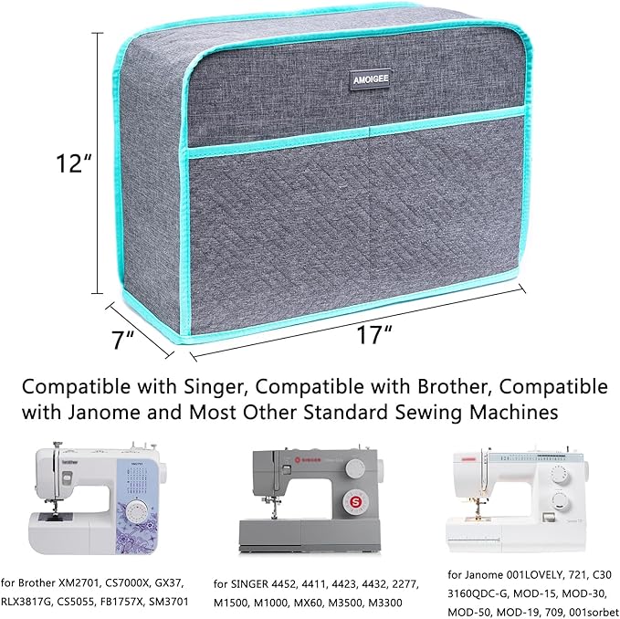 AMOIGEE Sewing Machine Cover for Brother, Singer, Janome – Quilted Dust Cover with Storage Pockets, Padded Protective Sewing Machine Case Fits Most Standard Sewing Machines (17" x 7" x 12")