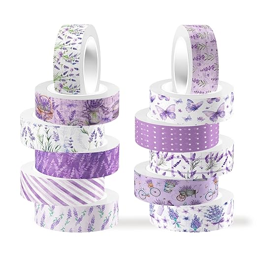 12 Rolls of Lavender Washi Tape, Purple Floral Decorative Tape, DIY Flower Butterfly Pattern Sticker for Journals, Planners, Scrapbooking, Packaging, Crafts, Party Supplies Favors