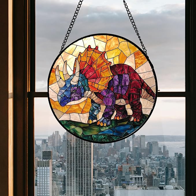 Stained Glass Window Hanging - Triceratops Abstract Dinosaur Suncatcher for Door Terrace Garden Home Decor, Orange Red Sun Catcher Birthday Gifts for Lovers Women Men Dad Mom Nana 11.8 in