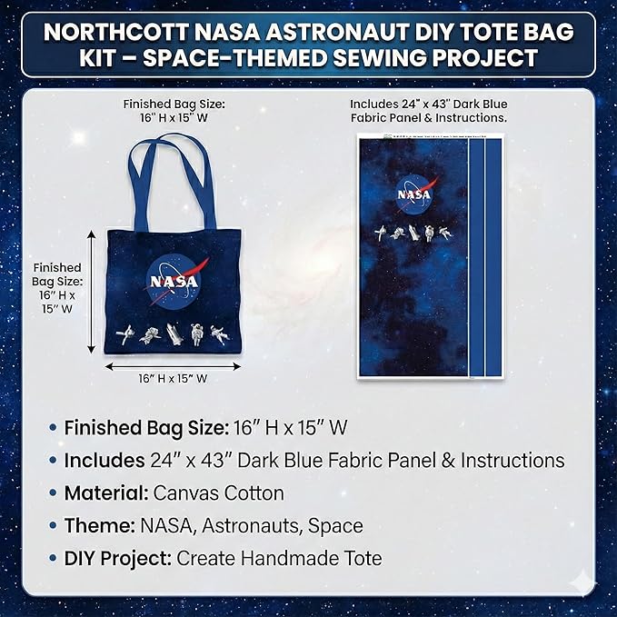 Northcott NASA Astronaut DIY Canvas Tote Bag Sewing Kit – Space-Themed Fabric Craft Project – Includes 24" x 43" Dark Blue Fabric Panel & Instructions – Create 16" x 15" Handmade Tote Bag