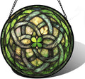 Stained Glass Window Hanging, Abstract Green Clover Sun Catchers Colorful Glass Panel Bless Suncatcher Decor for Birthday for Women, Men, Wife, Aunt, and Mom 11.8x11.8 in