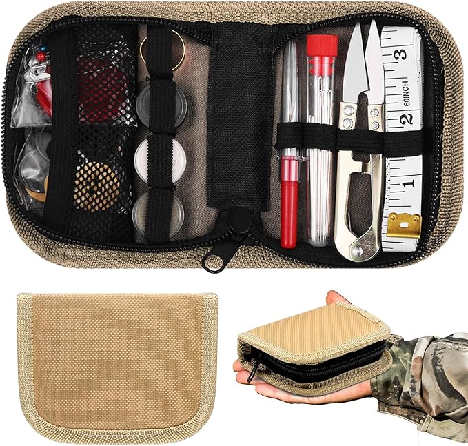 Suncalla Military Survival Sewing Kit Tactical with Buttons Durable Nylon Portable Small Sewing Kit for Men Women Complete Thread Needle Repair Tools for Travel Field Emergency(Brown,1)