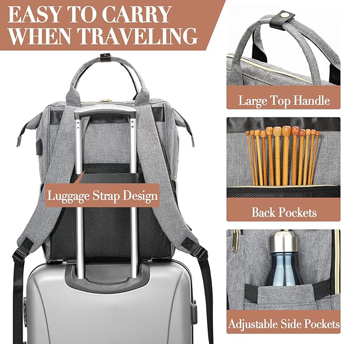 Knitting Bag Backpack, Crochet Bag Tote with USB Charging Port, Yarn Storage Organizer, Christmas Gifts Crochet Lovers Gift, Yarn Storage Tote Bag for Knitting & Crochet Accessories, Grey