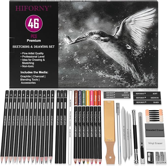HIFORNY 46 PCS Sketching Drawing Pencil Set,Sketch Pencils Art Supplies with Colored Charcoal Pencils,Graphite,Charcoal,Blending Tools,Accessories,Drawing Kit for Adults Artists
