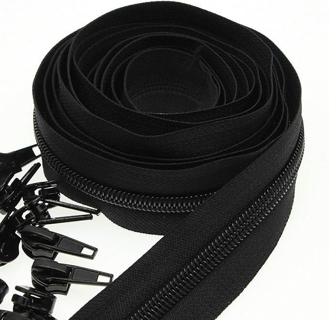 Leekayer #5 Black Nylon Coil Zippers by The Yards Bulk 10 Yards with 25pcs Sliders for DIY Tailor Sewing Craft, Luggage, Dress, Sofa Cushion, Pillow, Bag