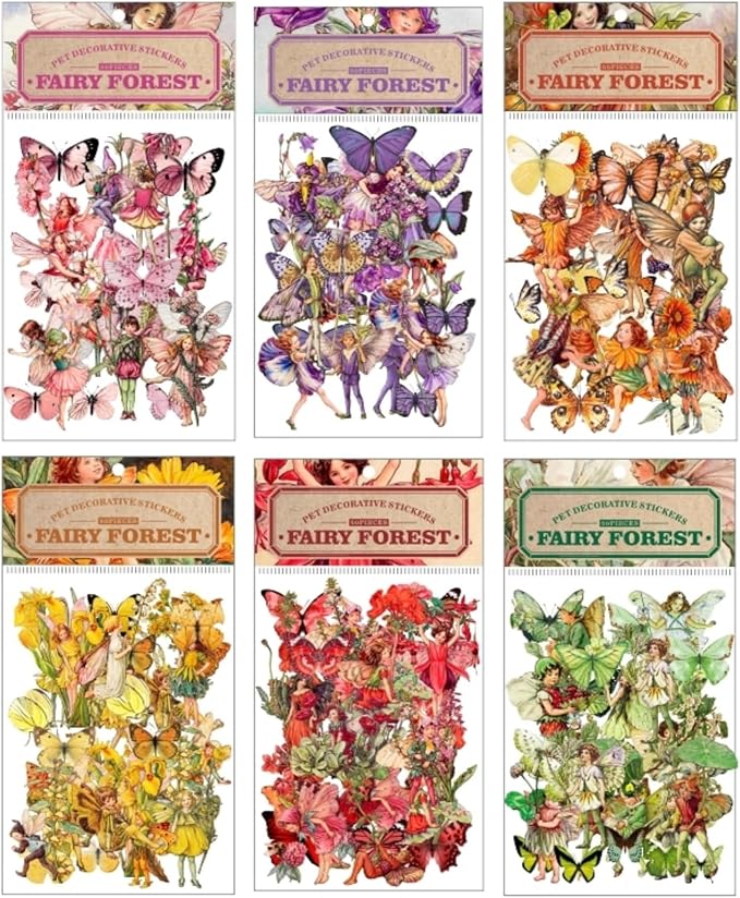 Vintage Flower Fairy Stickers 300Pcs Lot, Belebee 6 Packs Butterfly Fantasy Transparent Sticker for Scrapbooking Junk Journaling Paper Art Crafts Project Planner Album Diary Phone Cases Laptop Adult