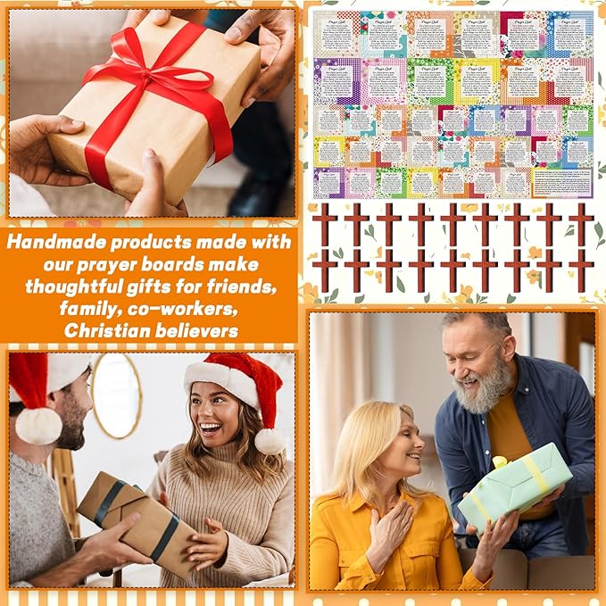 Pocket Prayer Quilt Panel Squares with Small Wooden Crosses Mini Scripture Pocket Prayer Quilt for Friend Family Religious Spiritual Gift Easter Reward Gift(Vivid1,Burlywood)