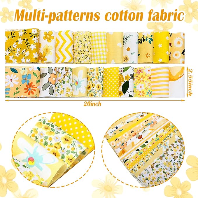 Ganeen 100 Pcs Yellow Floral Quilting Fabric Roll 2. 56 Inch Fabric Squares Jelly Patchwork Precut Strips Bundles for Holiday Materials Craft DIY Sewing Cloths