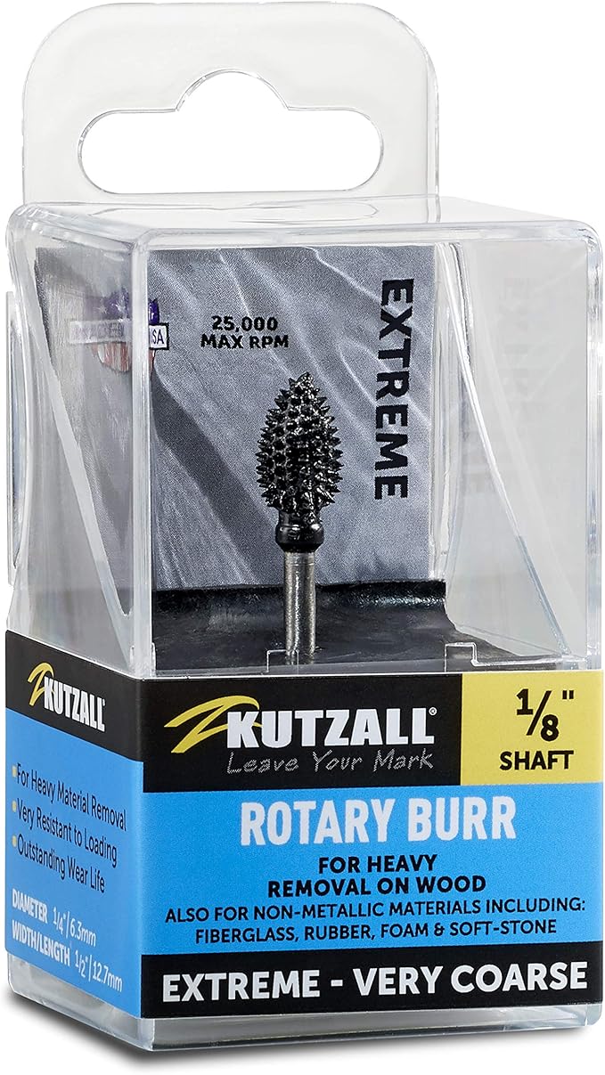 Kutzall Extreme Flame Rotary Burr, 1⁄8" Shaft, Very Coarse- Wood Carving Bit for Dremel, Foredom, DeWalt, Milwaukee. Abrasive Tungsten Carbide, 1⁄4" (6.3mm) Dia. X 1⁄2" (12.7mm) Length FLX-14-EC