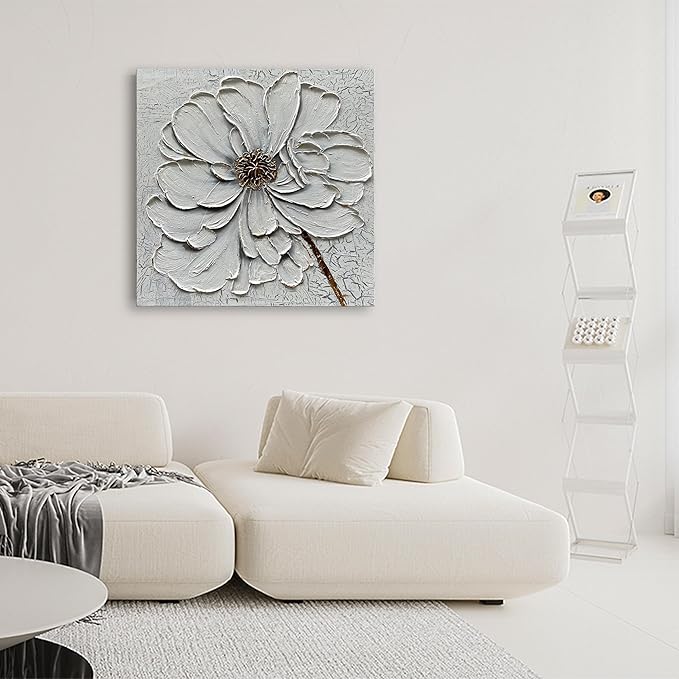 Art Hand-Painted White Texture Art Oil Painting White Flower Painting 30x30 inch Abstract Home Wall Decorative Art
