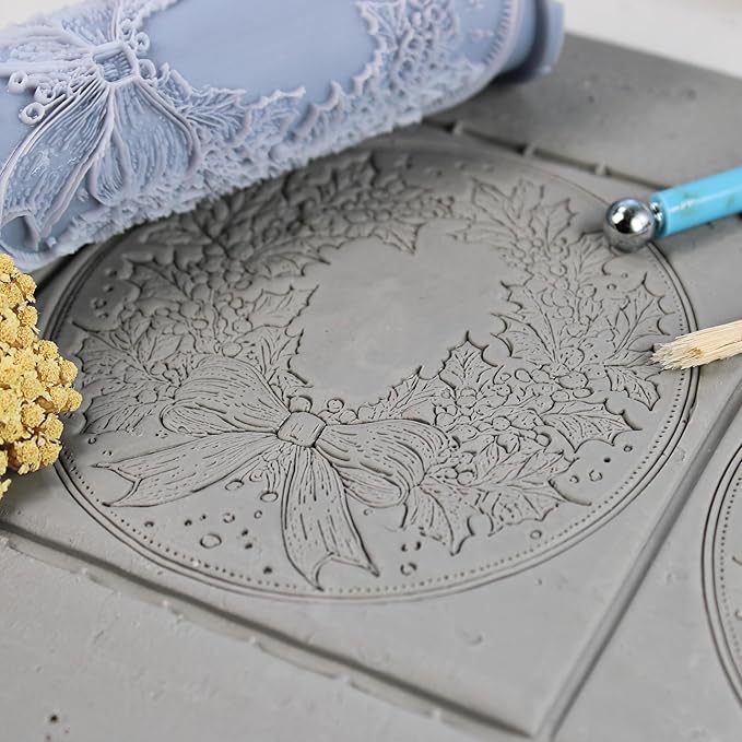 Wreath Clay Texture Roller (4") - Christmas Set #01 - Embossing Pattern Roller for Polymer & Ceramic Clay, Pottery & Crafts