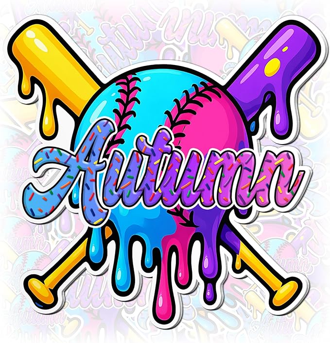 Custom Baseball Ice Cream Drip Sticker, Personalized Number Name Ice Cream Drip Sprinkle Baseball Sticker Decals Waterproof Vinyl Decal for Water Bottles Tumbler Laptop Kindle Birthday Gift for Adults