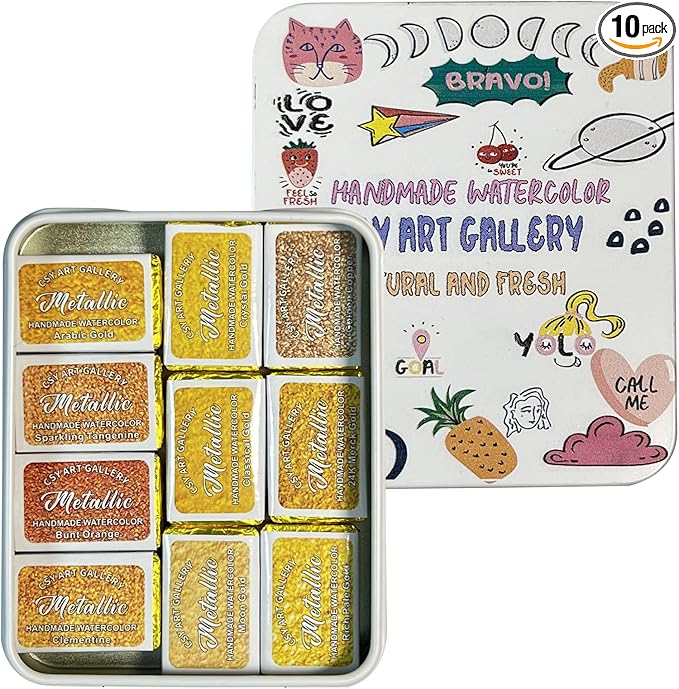 CSY art gallery Gold Handmade Mica Watercolor Paint Set in Tin Case Metallic Full Pans Water Color Sparkly, Shimmer, Glitter for Artists in Hand Lettering, Junk Journaling, Painting(Set 1)