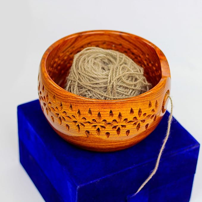 Nagina International Rosewood Crafted Wooden Yarn Storage Bowl With Carved Holes & Drills | Knitting Crochet Accessories (Large)