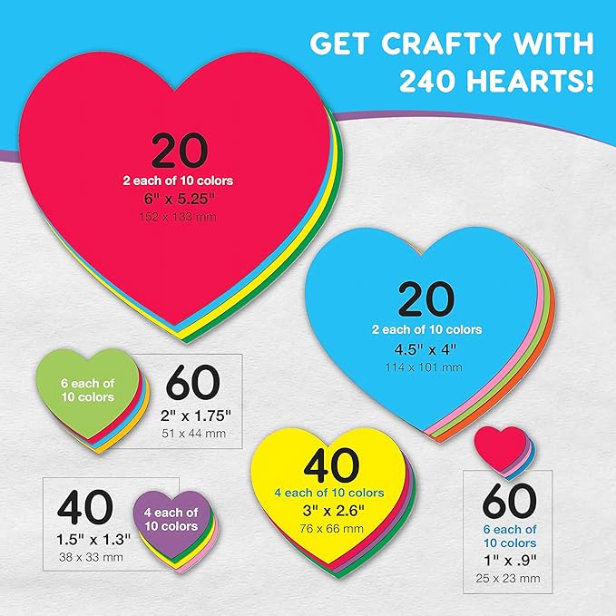 FreshCut Crafts 240 Pieces Heart Paper Cutouts, 2-Sided US Made Card Stock Punch Out Multicolor Hearts for Valentine’s Day Crafts, Bulletin Boards, Classroom Decor, and Posters 10 Vibrant Colors
