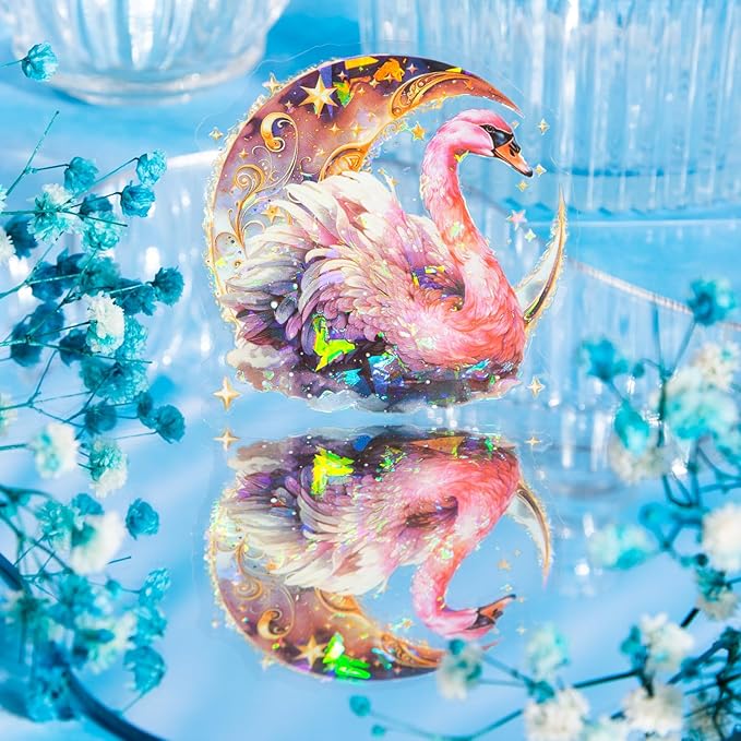 Yoksas Holographic Shiny Fantasy Starry Swan Stickers - 60Pcs Waterproof Clear Glitter Aesthetic Scrapbook Stickers for Junk Journals,Planner,Resin Art Supplies