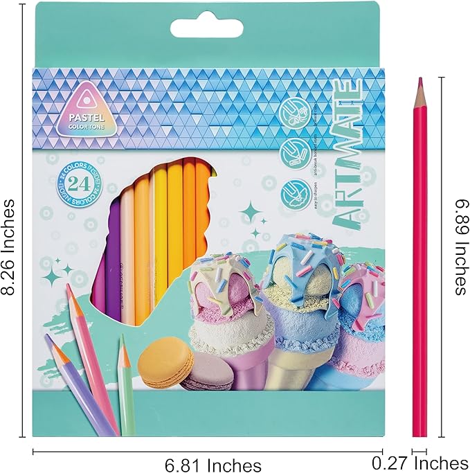 24 Colored Pencils Set – Soft Core, Pre-Sharpened, Break-Resistant – Ideal for Coloring Books, Drawing, Sketching, School Art Supplies (Pastel Colors)