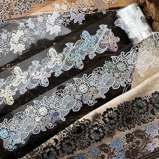 5 Rolls Washi Tape Lace Pattern Self-Adhesive Tape, White Black Floral Washi Silver Aesthetic Lace Tapes for Scrapbooking DIY Art Journaling Craft Gift Wrapping