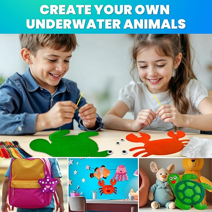 QUOKKA Kids Crafts Ages 4-8, DIY Beginner Needle and Thread Kit - 12 Sea Animals Sewing Kit Basic - Fun Arts Crafts for Kids Ages 6-8 Girls Boys - Plastic Needles, Scissors - 6+ Year Old Girl Gifts