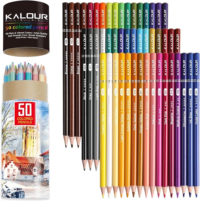KALOUR Premium Colored Pencils,Set of 50 Colors,Artists Soft Core with Vibrant Color,Ideal for Layering Blending Shading,Color Pencils for Adults Beginners Coloring Book…