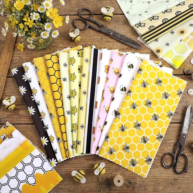 20 Pcs 10''x10'' Bee Quilting Fabric Square Bundle Honeycomb Daisy Gnomes Precuts Quilted Fabric Yellow Printed Patchwork Supplies for Holiday Summer Patchwork DIY Sewing Crafts