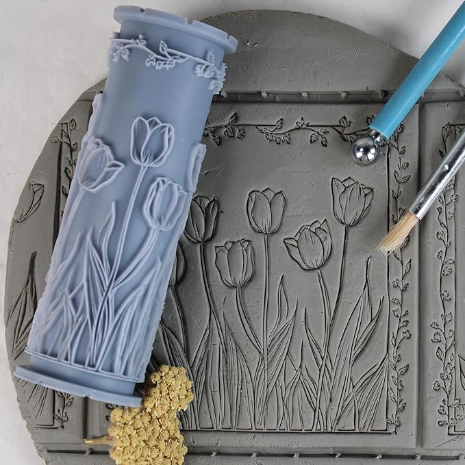Tulip Clay Texture Roller (4") - Flower Set #01 - Embossing Pattern Roller for Polymer & Ceramic Clay, Pottery & Crafts