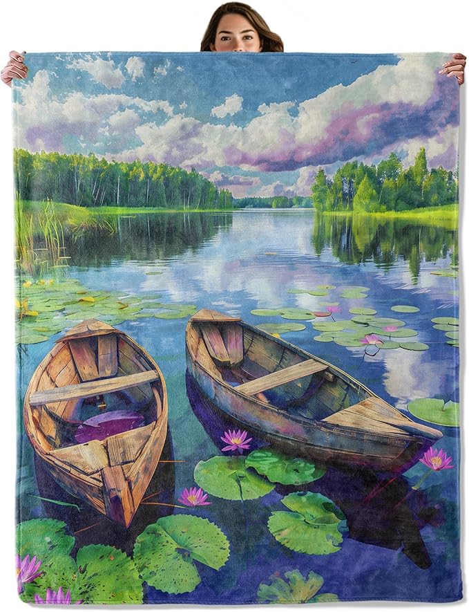 Rowboat Lake Nature Throw Blanket for Boys Girls Kids Adults Women, Fuzzy Warm Soft Cozy Flannel Blankets Gifts for Bedroom, Couch, Travel, Home Decor 60x80 in
