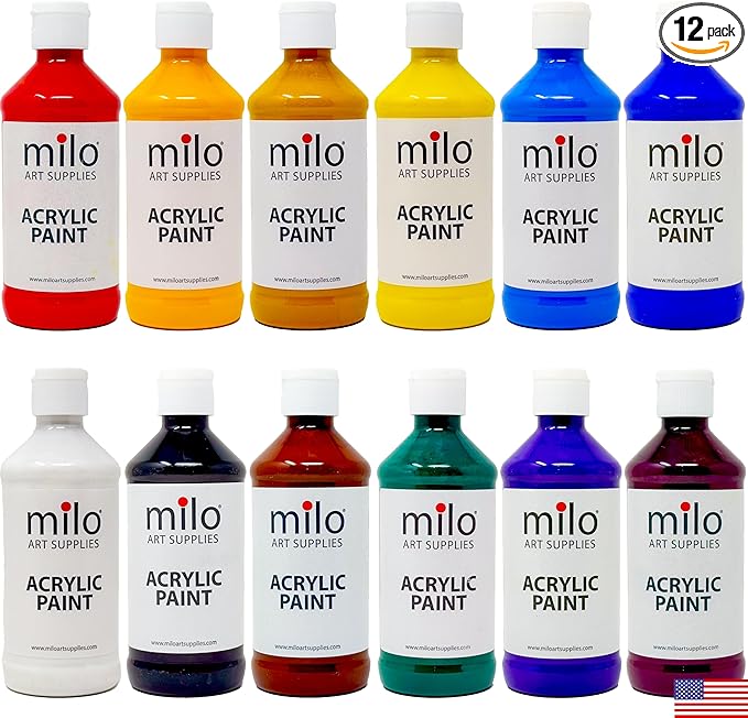 milo Acrylic Paint Set of 12 Colors | 8 oz Bottles | Student Primary Colors Acrylics Painting Pack | Made in the USA | Non-Toxic Arts & Crafts Paints for Artists & Hobby Painters