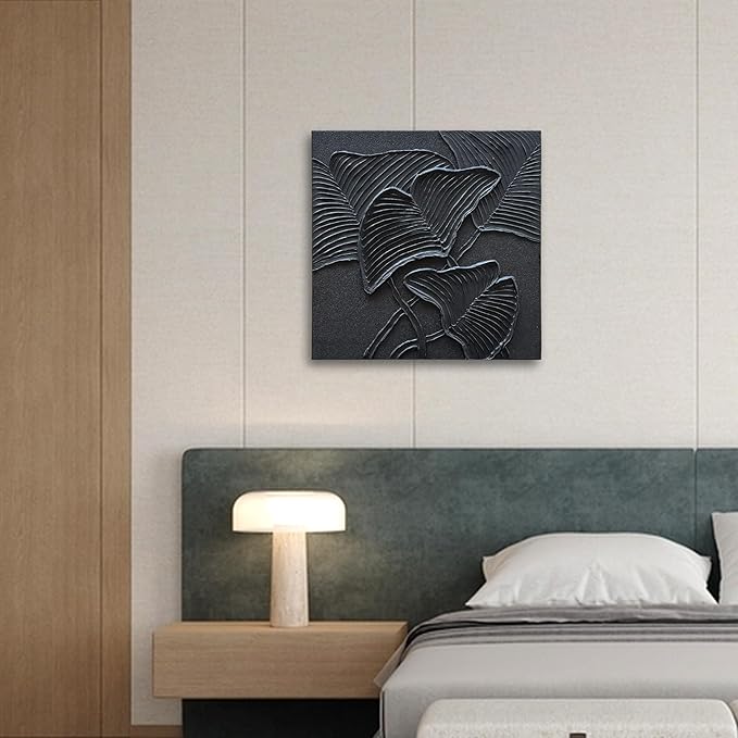 NANKAI Art Hand-Painted Black Leaf Texture Abstract Art Contemporary Minimalist Canvas Oil Painting, Home Living Room Corridor Wall Decoration Art, 24x24 inches