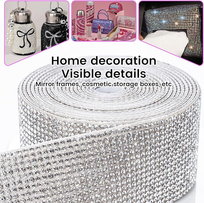 Novani Self Adhesive Rhinestone Ribbon, 1.53 Inch Wide 3 Yards 1 Roll, Silver Crystal Diamond Bling Strips for DIY Crafts, Home Decor, Clothing,Shoes, Car Decoration（Silver）