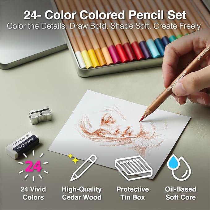 COLOUR BLOCK Colored Pencil Set - 24 Piece, Premium Cedar Handle Drawing Pencils, Vinyl Eraser, Sharpener, Tin Storage Box