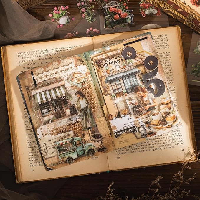 Retro Memory PET Sticker Book Set, 40 Pcs Pre-Cut Vintage Ephemera Stickers for Scrapbooking, Journaling, DIY Crafts, and Art Supplies