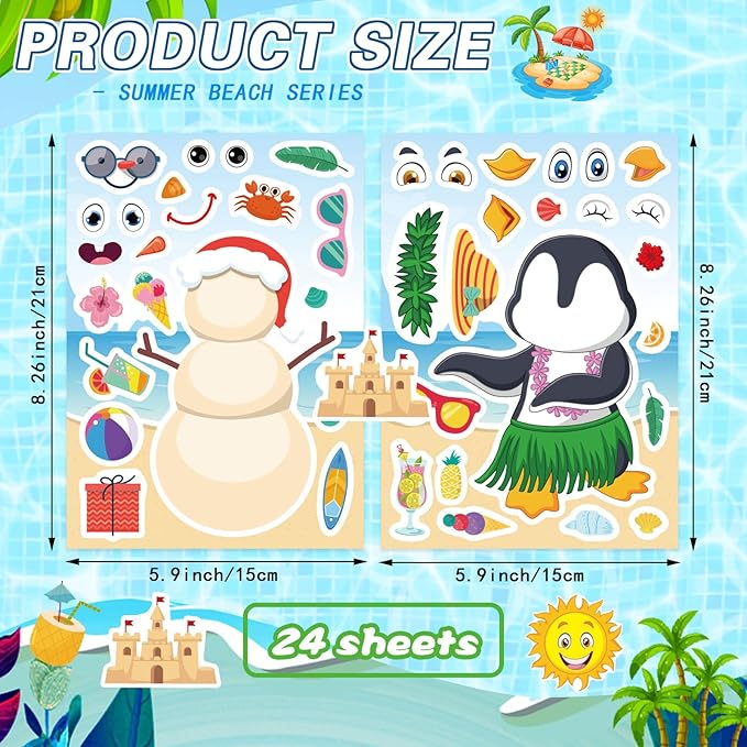 24 PCS Summer Stickers for Kids, July Christmas Make a Face Stickers, Make Your Own Mix and Match Sticker with Santa Claus, Reindeer, Penguin, Polar Bear and Snowman, Hawaii Tropical Beach Sticker